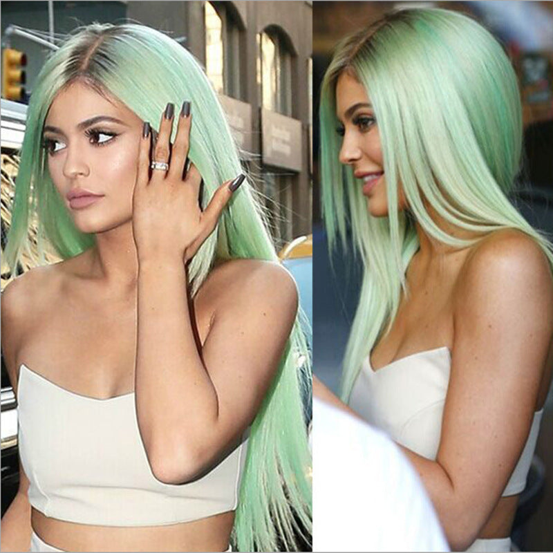 Mint Green Wig, Long Straight Hair, Black And Green Dyed Gradient Headgear