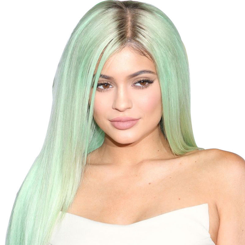Mint Green Wig, Long Straight Hair, Black And Green Dyed Gradient Headgear