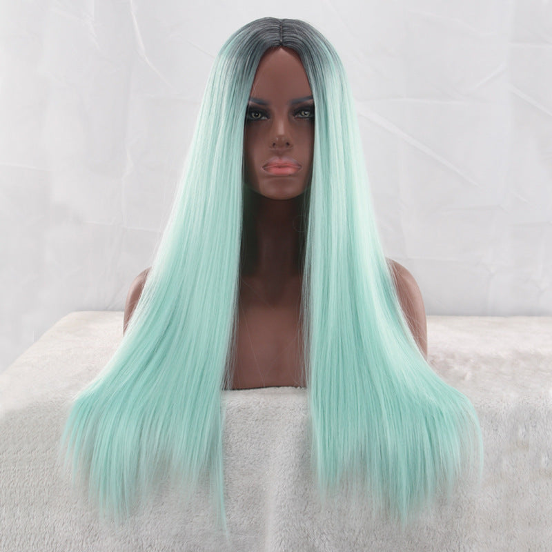 Mint Green Wig, Long Straight Hair, Black And Green Dyed Gradient Headgear