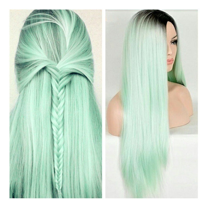 Mint Green Wig, Long Straight Hair, Black And Green Dyed Gradient Headgear