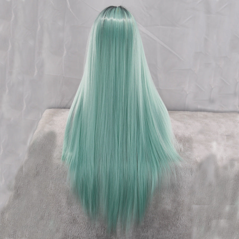 Mint Green Wig, Long Straight Hair, Black And Green Dyed Gradient Headgear