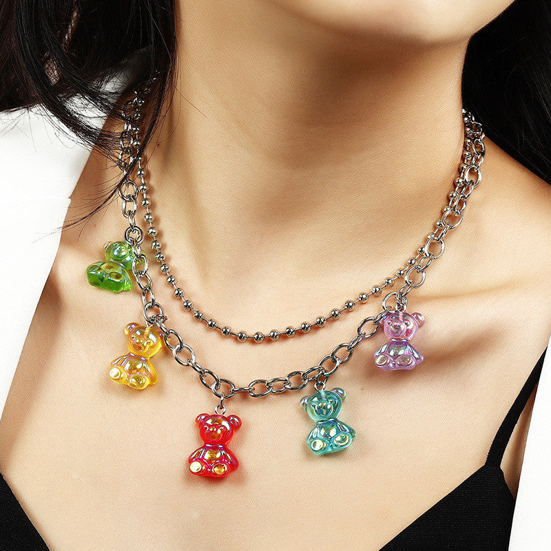 Punk Metal Bead Necklace Resin Candy Color Bear Necklace