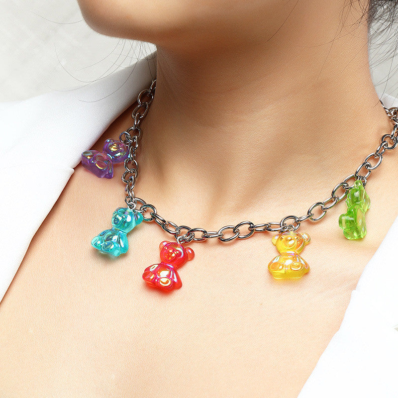 Punk Metal Bead Necklace Resin Candy Color Bear Necklace