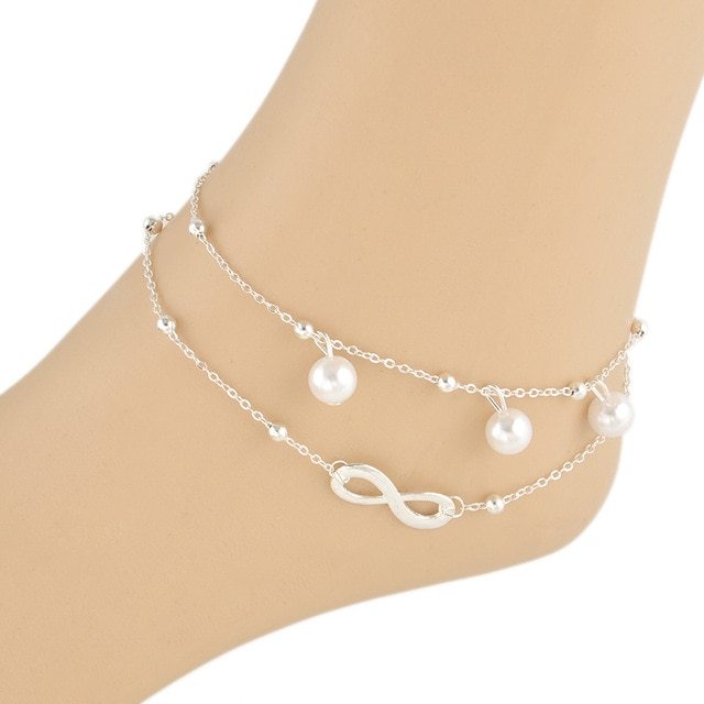 Double Layer Pearl Anklet Women Handmade Beaded Double Chain Anklet