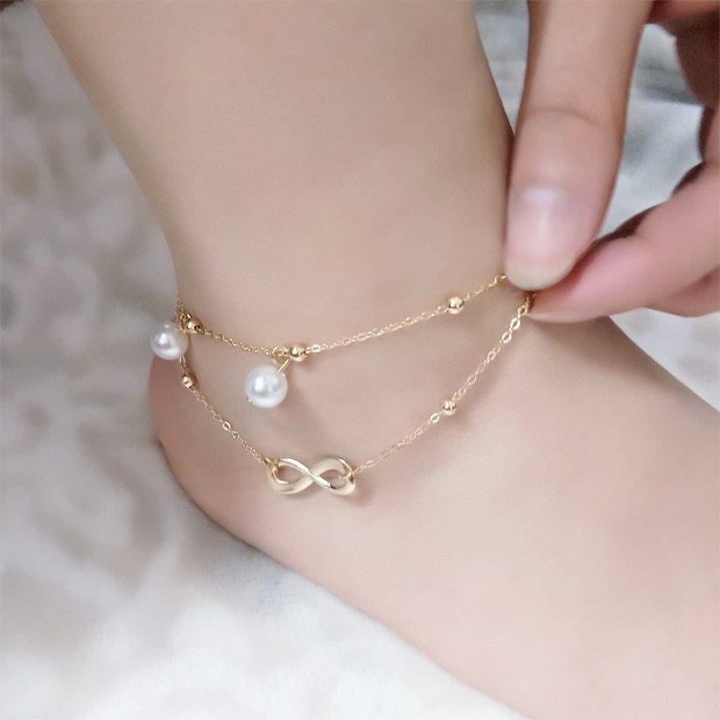 Double Layer Pearl Anklet Women Handmade Beaded Double Chain Anklet