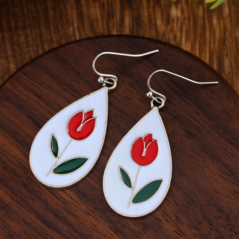 Fashion All-matching Red Flowers And Green Leaves Personalized Earrings