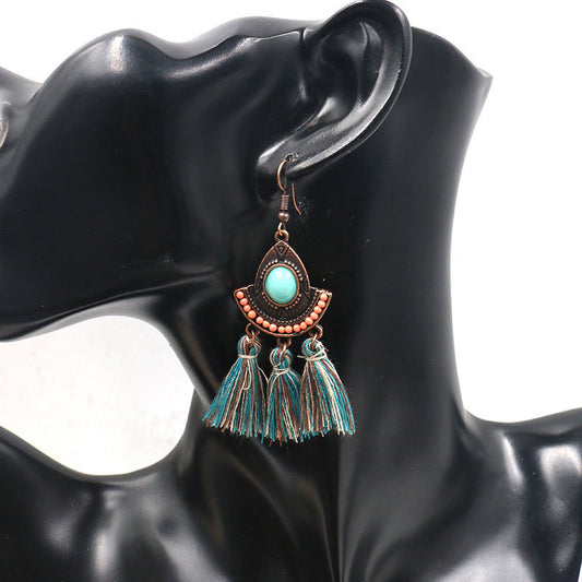 Women's Earrings European And American Bohemian Style New Exaggerated Woven Silk Thread Ear Rings Turquoise Tassel Earrings