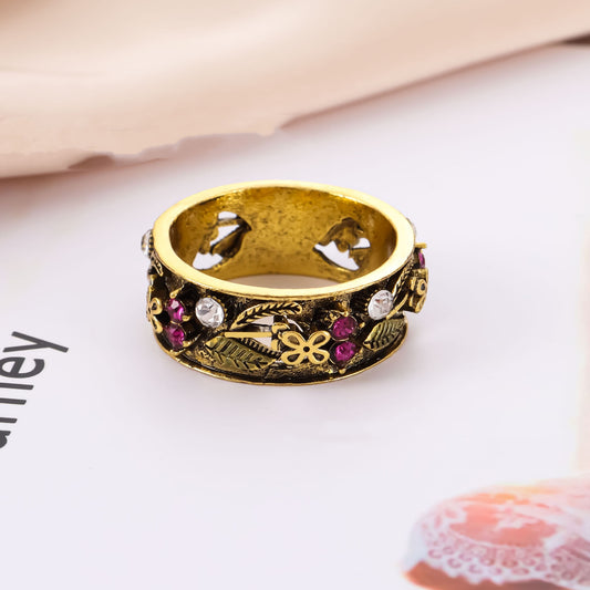 Vintage Multicolor Cutout Flower Ring Plated Ancient Gold Engagement Ring