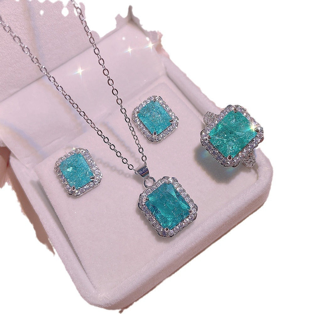 Simulation Paraiba Rings Ear Studs Necklace Suit