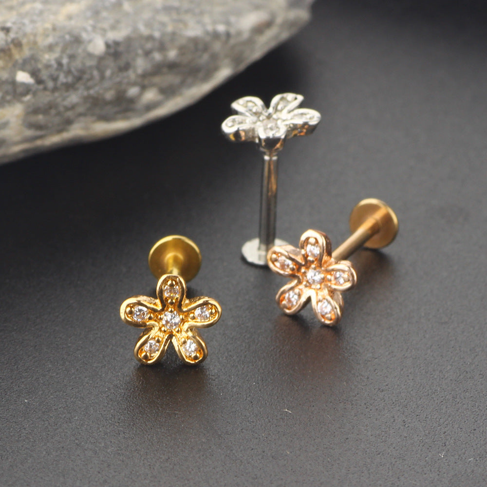 Zircon Little Flower Women's Ear Bone Stud Screw Human Body Puncture