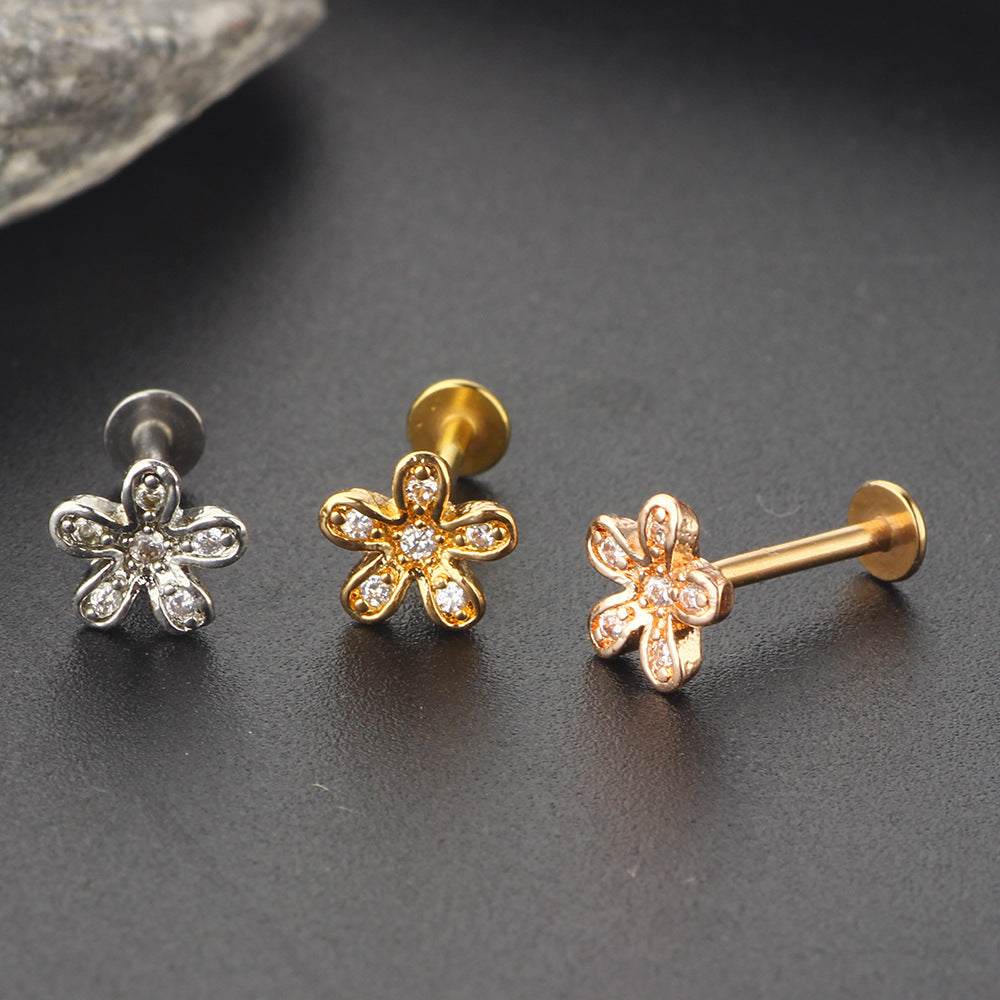 Zircon Little Flower Women's Ear Bone Stud Screw Human Body Puncture