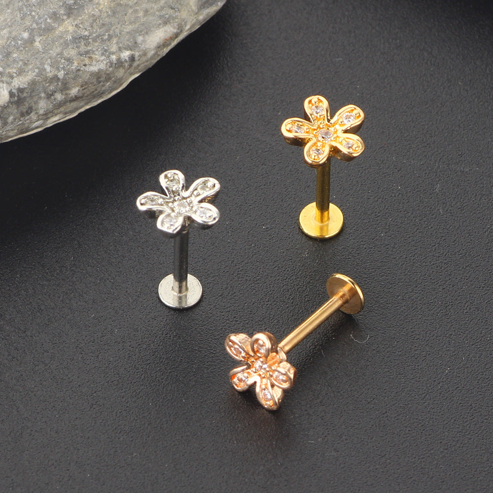 Zircon Little Flower Women's Ear Bone Stud Screw Human Body Puncture