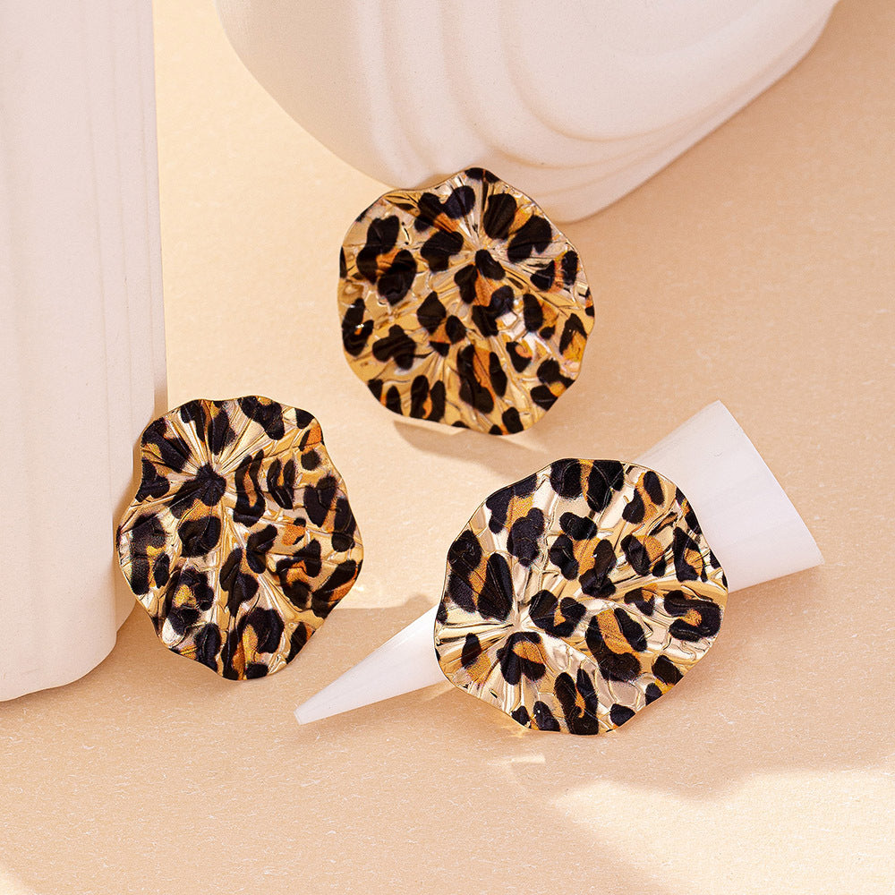 Vintage Geometric Leopard Print Circle Disc Fashion Design Ear Studs Ring Suit