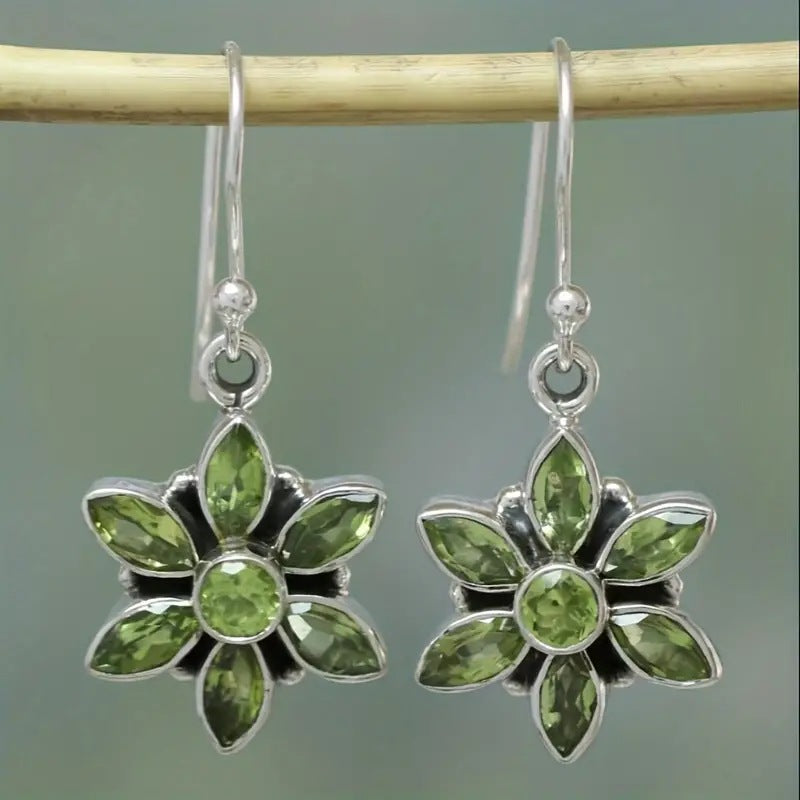 Bohemian Fengfeng Green Crystal Flower Pendant Earrings