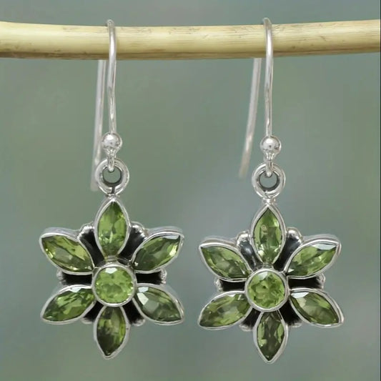 Bohemian Fengfeng Green Crystal Flower Pendant Earrings