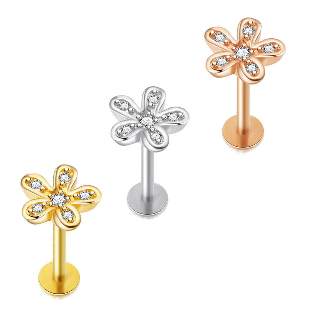 Zircon Little Flower Women's Ear Bone Stud Screw Human Body Puncture