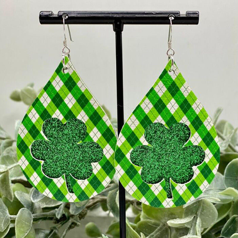 New Green Festival Water Drop Vintage Leopard Print Double-layer Plaid Earrings