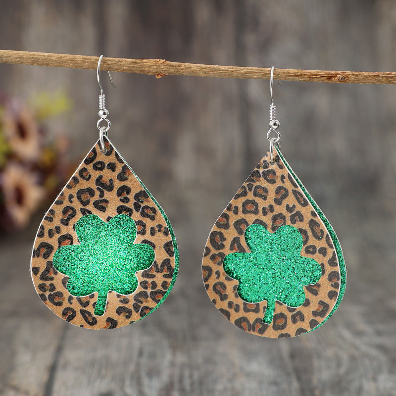 New Green Festival Water Drop Vintage Leopard Print Double-layer Plaid Earrings