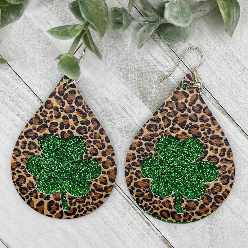 New Green Festival Water Drop Vintage Leopard Print Double-layer Plaid Earrings