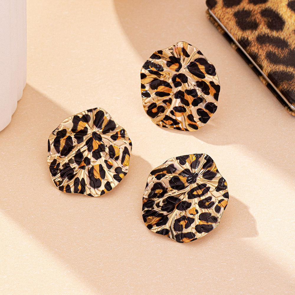 Vintage Geometric Leopard Print Circle Disc Fashion Design Ear Studs Ring Suit