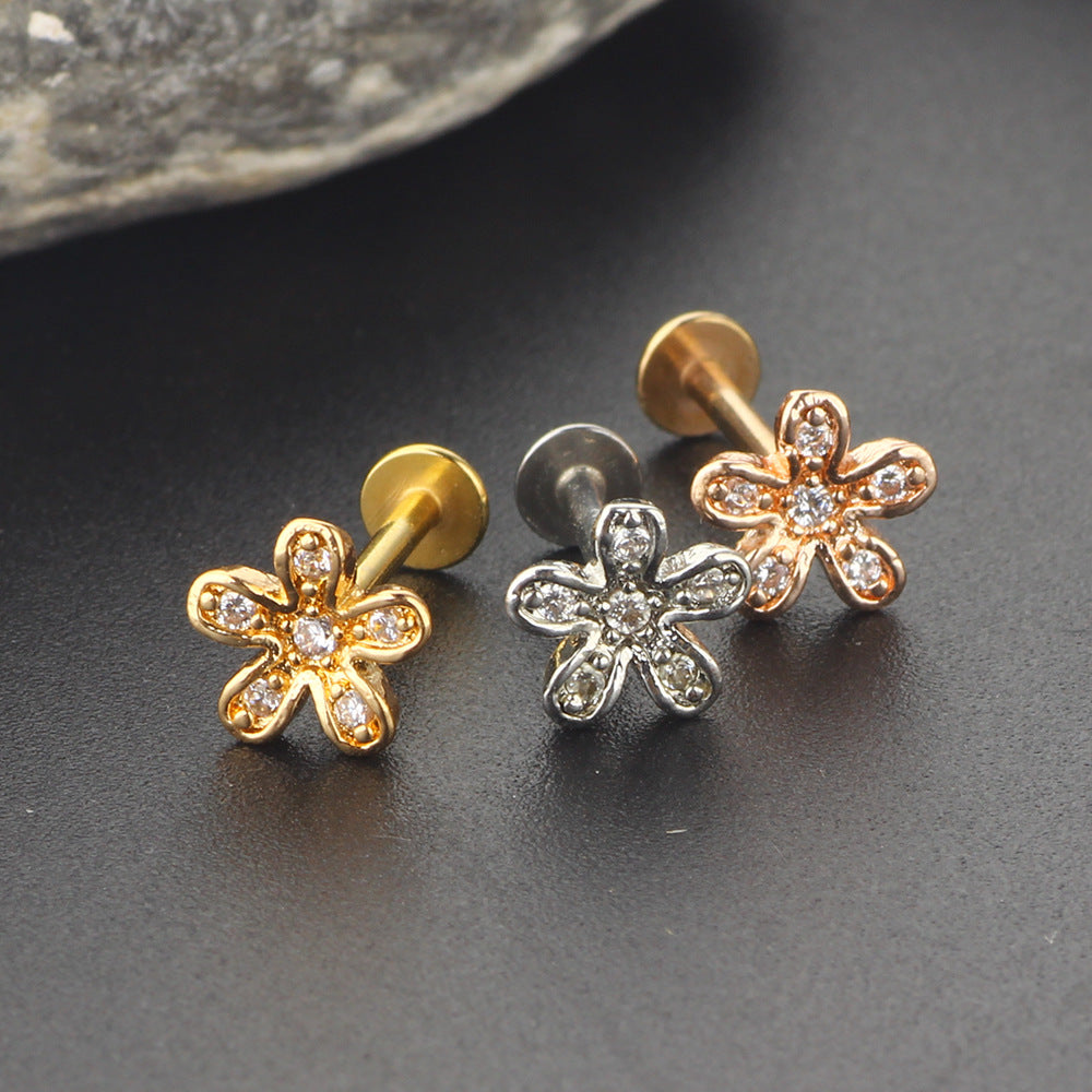 Zircon Little Flower Women's Ear Bone Stud Screw Human Body Puncture