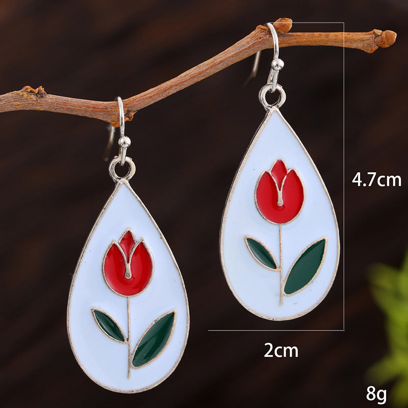 Fashion All-matching Red Flowers And Green Leaves Personalized Earrings