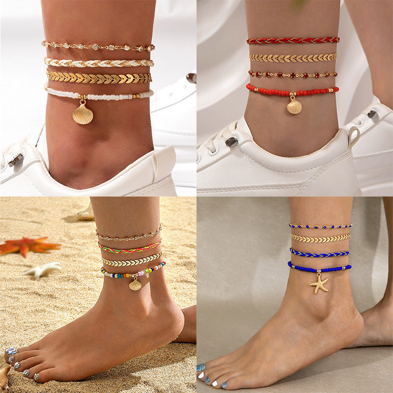 Rice Bead String Woven Rope Shell Four Layer Ankle Chain Summer Fashion Jewelry