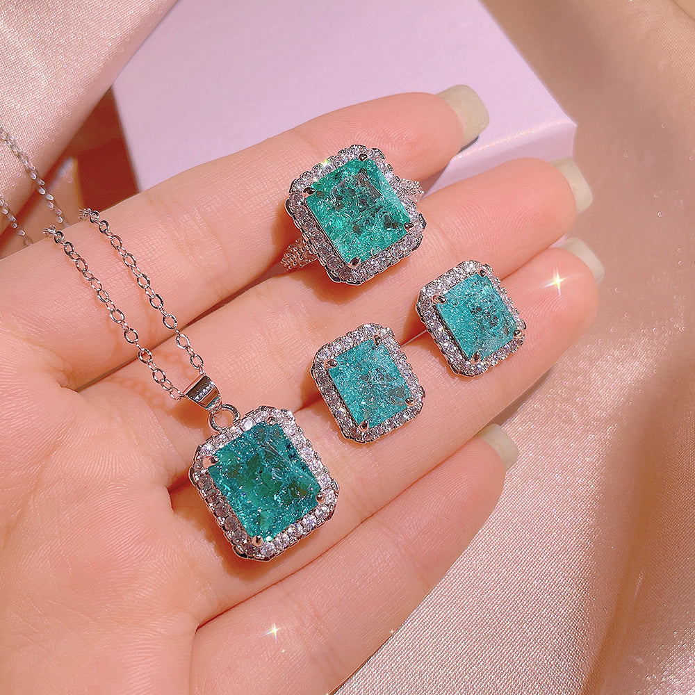 Simulation Paraiba Rings Ear Studs Necklace Suit