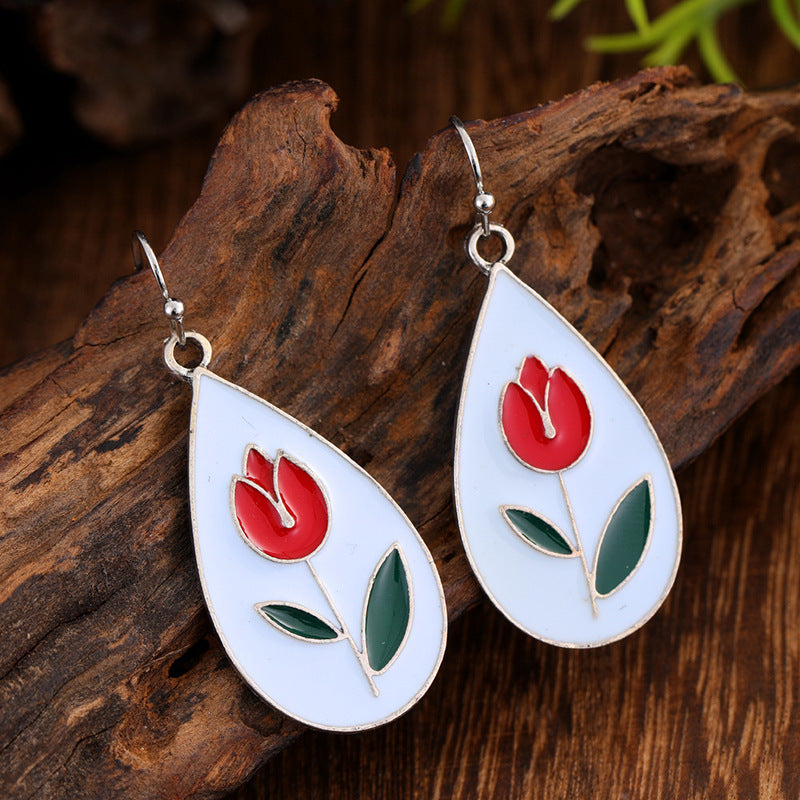 Fashion All-matching Red Flowers And Green Leaves Personalized Earrings